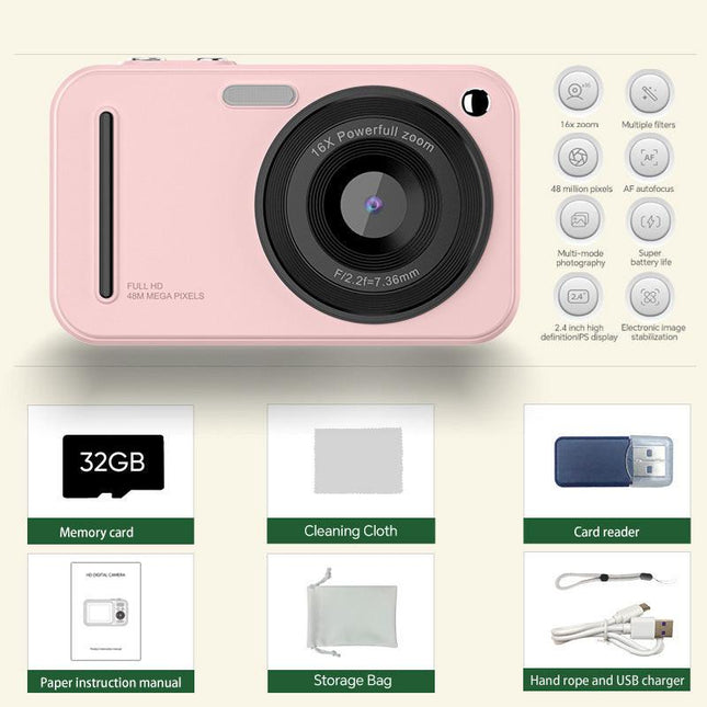 48MP Digital Camera with 16x Zoom & AF Autofocus - Full HD Vlogging Camera for Beginners & Kids(Pink).