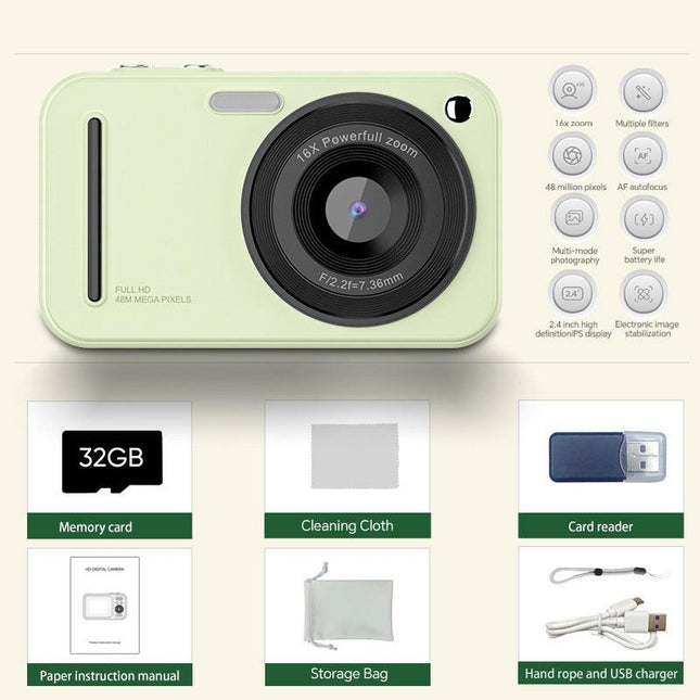 48MP Digital Camera with 16x Zoom & AF Autofocus - Full HD Vlogging Camera for Beginners & Kids(Green).