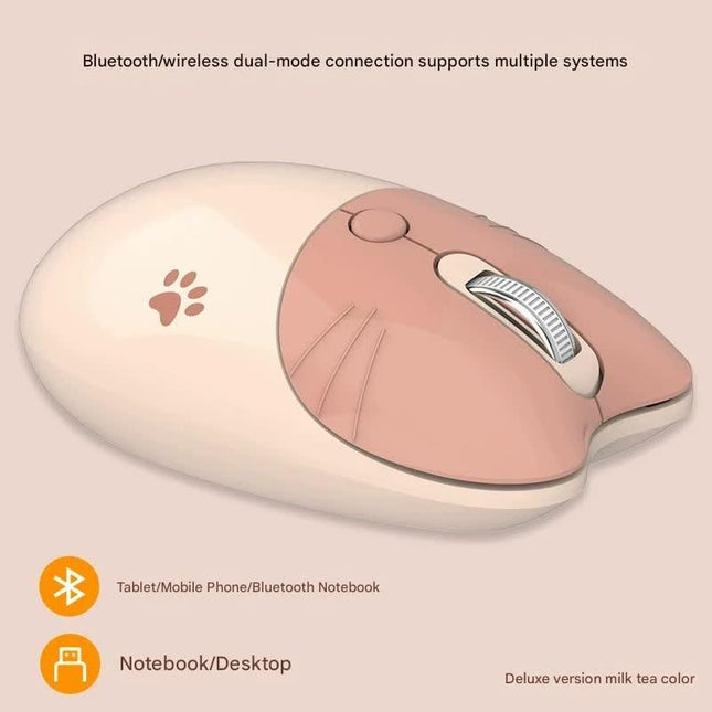 Cute Cat Shaped Wireless Office Mouse - Dual Mode 2.4G/Bluetooth, 3-Level DPI, Silent Click(Milk tea color).