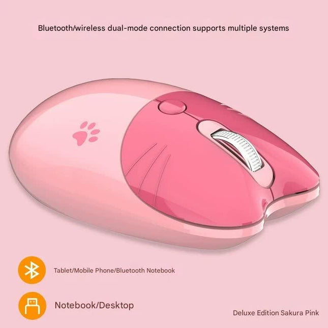 Cute Cat Shaped Wireless Office Mouse - Dual Mode 2.4G/Bluetooth, 3-Level DPI, Silent Click(pink).