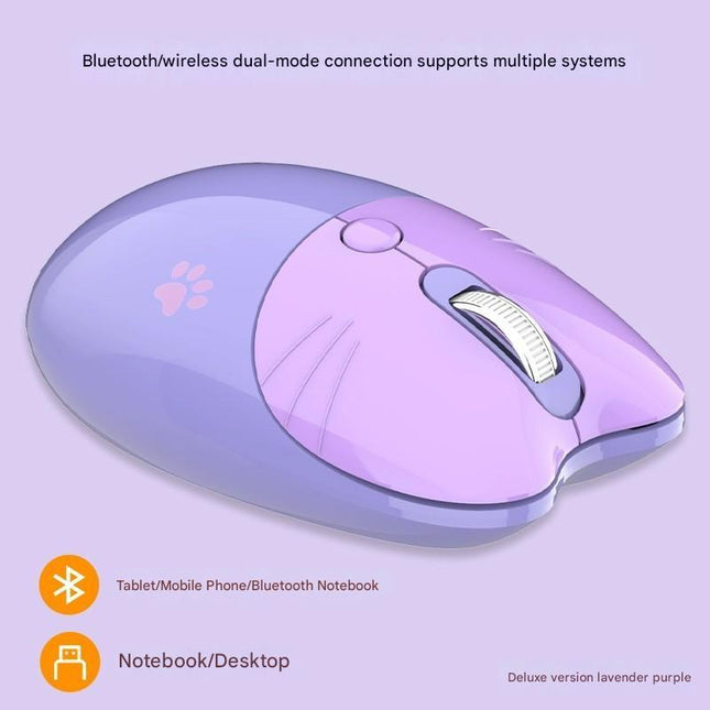 Cute Cat Shaped Wireless Office Mouse - Dual Mode 2.4G/Bluetooth, 3-Level DPI, Silent Click(purple).