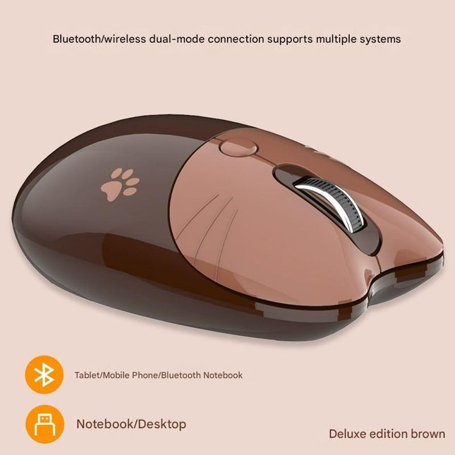 Cute Cat Shaped Wireless Office Mouse - Dual Mode 2.4G/Bluetooth, 3-Level DPI, Silent Click(brown).