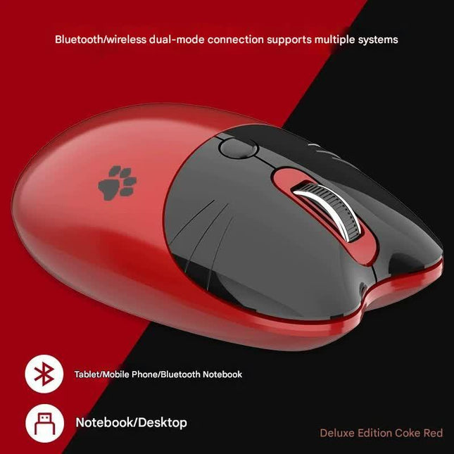 Cute Cat Shaped Wireless Office Mouse - Dual Mode 2.4G/Bluetooth, 3-Level DPI, Silent Click(red).