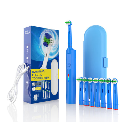 Rotating Electric Toothbrush with 3D Cleaning Action - 3 Modes, IPX7 Waterproof, with Travel Case & 6 Brush Heads(blue).