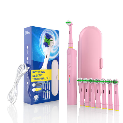 Rotating Electric Toothbrush with 3D Cleaning Action - 3 Modes, IPX7 Waterproof, with Travel Case & 6 Brush Heads(pink).