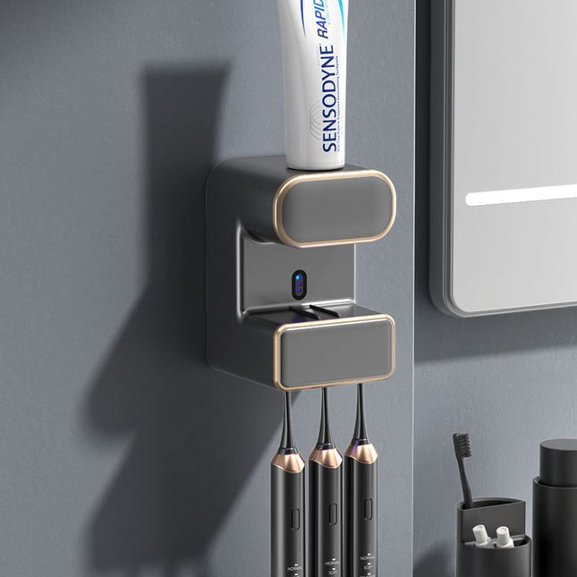 Automatic Toothpaste Dispenser with UVC Toothbrush Sterilizer & Holder - Wall Mounted, Rechargeable(Grey).