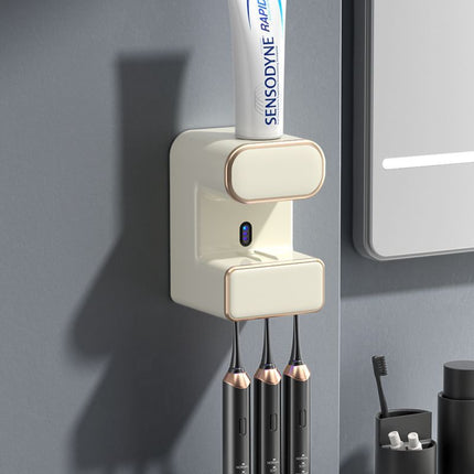 Automatic Toothpaste Dispenser with UVC Toothbrush Sterilizer & Holder - Wall Mounted, Rechargeable(Beige).