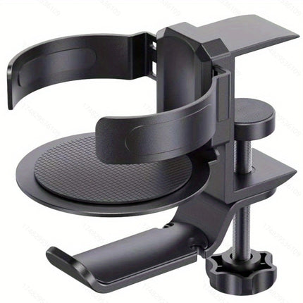 Two desktop clip-on cup holders and headphone hanger - adjustable, non-slip silicone, maximum load 15KG(black).
