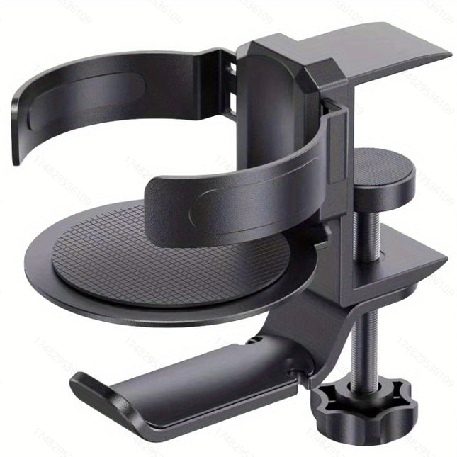 Two desktop clip-on cup holders and headphone hanger - adjustable, non-slip silicone, maximum load 15KG(black).