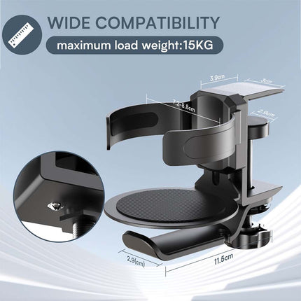 Two desktop clip-on cup holders and headphone hanger - adjustable, non-slip silicone, maximum load 15KG(black).