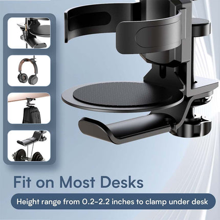 Two desktop clip-on cup holders and headphone hanger - adjustable, non-slip silicone, maximum load 15KG(black).