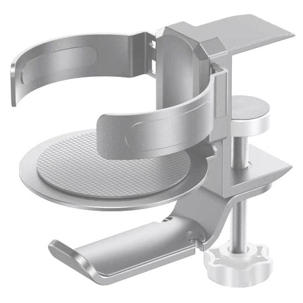 Two desktop clip-on cup holders and headphone hanger - adjustable, non-slip silicone, maximum load 15KG(silver).