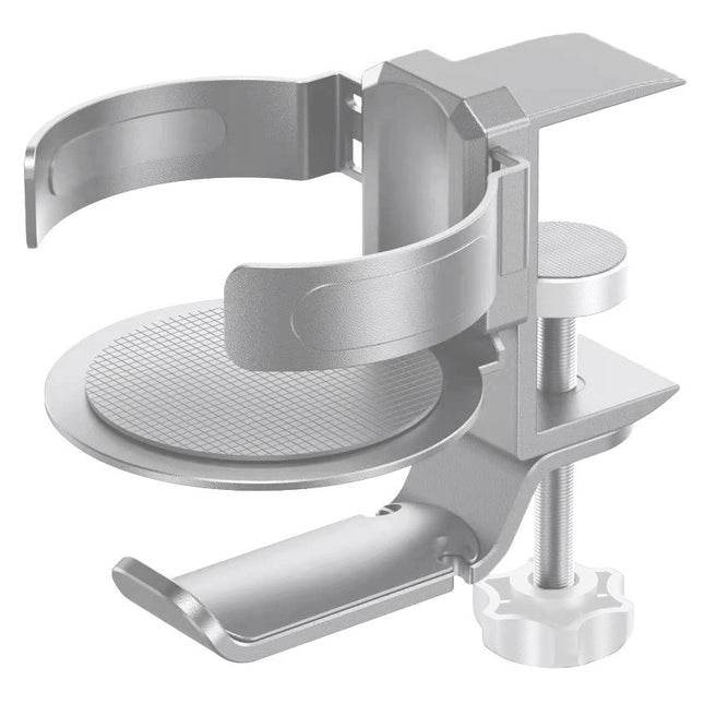 Two desktop clip-on cup holders and headphone hanger - adjustable, non-slip silicone, maximum load 15KG(silver).