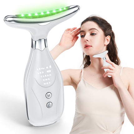 Multi-Function Facial & Neck Massager with LED Light Therapy, EMS & Warm Import - Rechargeable Skin Care Device(black).