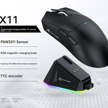 High-Performance Tri-Mode Wireless Gaming Mouse - 22000 DPI, Rechargeable, with RGB Charging Dock(black).