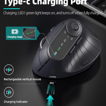 Ergonomic Vertical Mouse - 2.4G/Bluetooth Multi-Mode, LED Display, 57-Degree Angle, & 400mAh Battery(White).