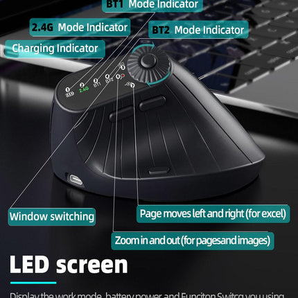 Ergonomic Vertical Mouse - 2.4G/Bluetooth Multi-Mode, LED Display, 57-Degree Angle, & 400mAh Battery(Purple).