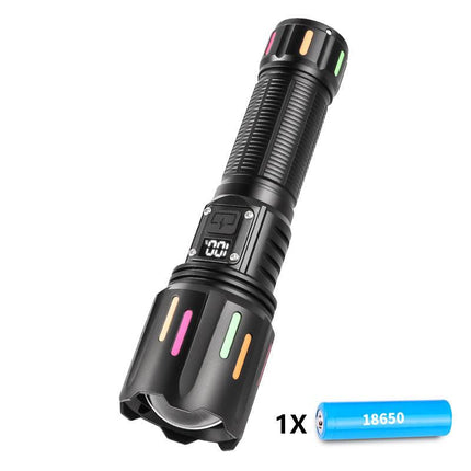 30W High Brightness LED Flashlight with Digital Display & Fluorescent Design - USB Rechargeable, 800-1200M Range(black+One 18650 battery).