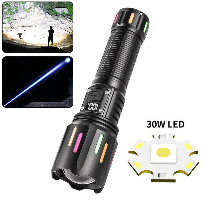 30W High Brightness LED Flashlight with Digital Display & Fluorescent Design - USB Rechargeable, 800-1200M Range(black+One 18650 battery).
