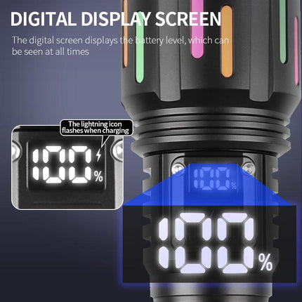 30W High Brightness LED Flashlight with Digital Display & Fluorescent Design - USB Rechargeable, 800-1200M Range(black+One 18650 battery).