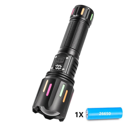 30W High Brightness LED Flashlight with Digital Display & Fluorescent Design - USB Rechargeable, 800-1200M Range(black+One 26650 battery).
