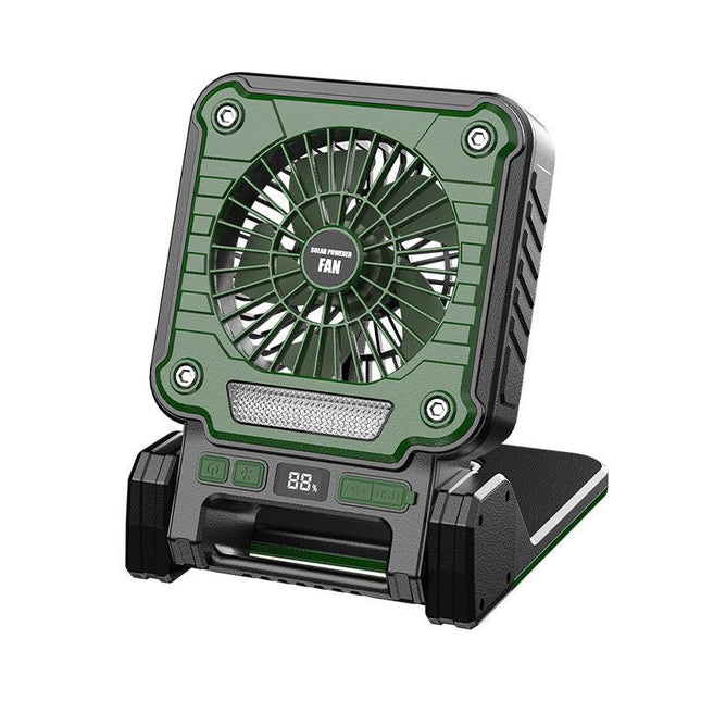 Solar & USB Rechargeable Camping Fan with LED Light - Portable Power Bank, 180°  Collapsible(green).