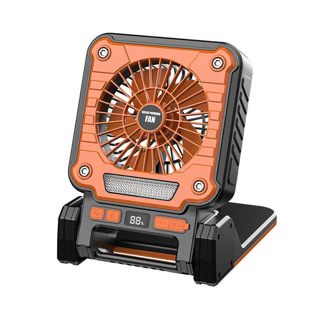 Solar & USB Rechargeable Camping Fan with LED Light - Portable Power Bank, 180° Collapsible(Orange).