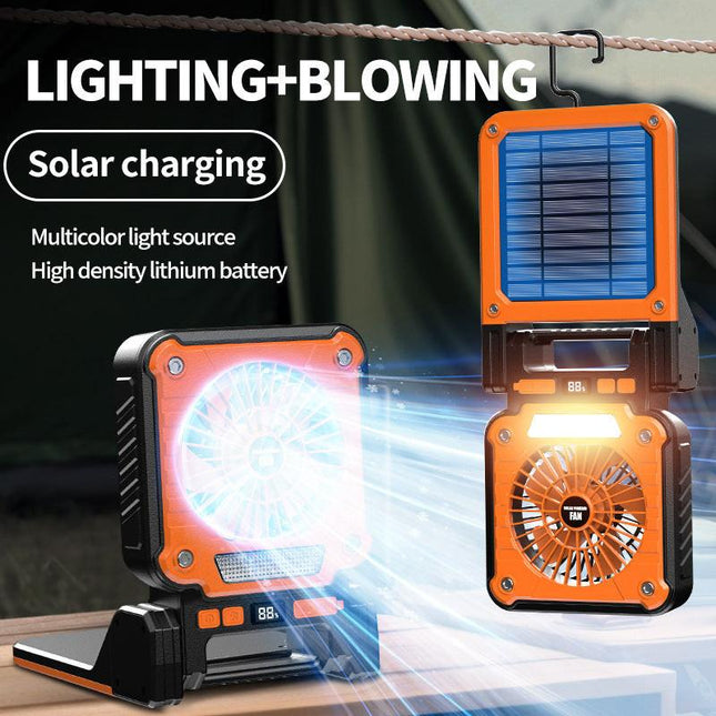 Solar & USB Rechargeable Camping Fan with LED Light - Portable Power Bank, 180° Collapsible(Orange).