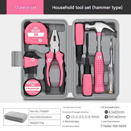 13-Piece Essential Household Tool Kit - Compact Home Repair & DIY Set with Storage Case(pink).
