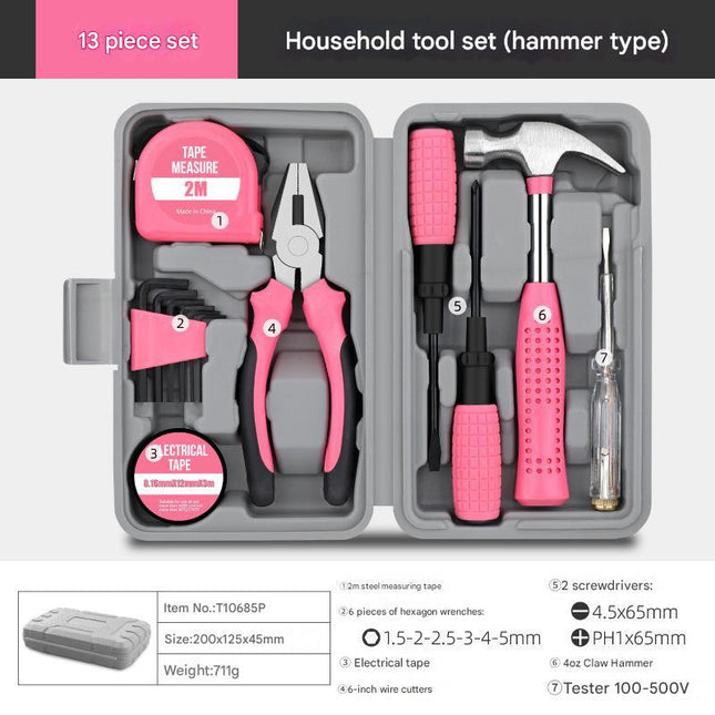 13-Piece Essential Household Tool Kit - Compact Home Repair & DIY Set with Storage Case(pink).