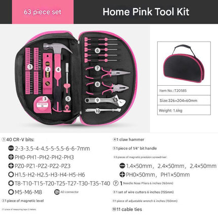 63-Piece Essential Home Repair Tool Kit with Portable Zipper Case(pink).
