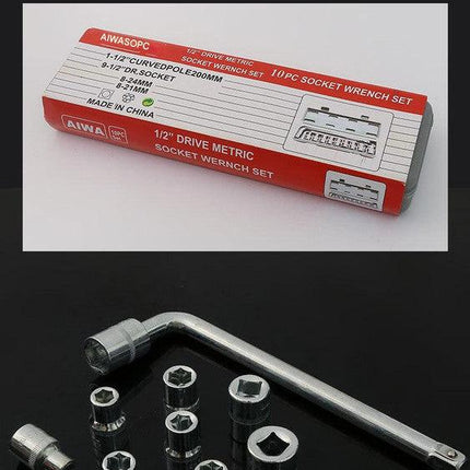 Two 10-piece L-shaped socket wrench sets - 1/2" drive chrome vanadium steel with metric sockets and housings(gray).