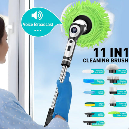 Multi-Functional Electric Spin Scrubber with Voice Broadcast, 9 Heads, Adjustable Extension Handle & LED Display(Black and White).