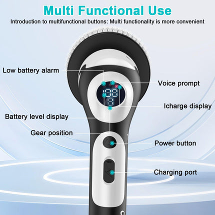 Multi-Functional Electric Spin Scrubber with Voice Broadcast, 9 Heads, Adjustable Extension Handle & LED Display(Black and White).