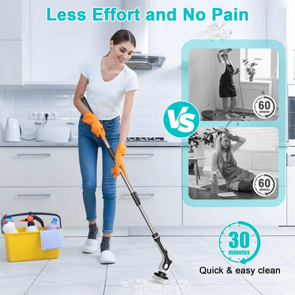Multi-Functional Electric Spin Scrubber with Voice Broadcast, 9 Heads, Adjustable Extension Handle & LED Display(Black and White).