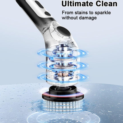 Multi-Functional Electric Spin Scrubber with Voice Broadcast, 9 Heads, Adjustable Extension Handle & LED Display(Black and White).