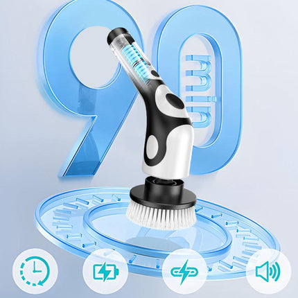 Multi-Functional Electric Spin Scrubber with Voice Broadcast, 9 Heads, Adjustable Extension Handle & LED Display(Black and White).