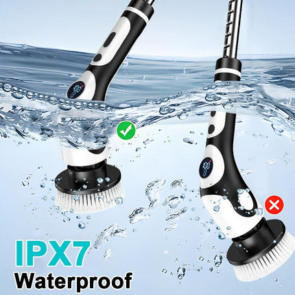 Multi-Functional Electric Spin Scrubber with Voice Broadcast, 9 Heads, Adjustable Extension Handle & LED Display(Black and White).