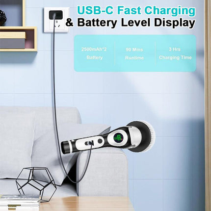 Multi-Functional Electric Spin Scrubber with Voice Broadcast, 9 Heads, Adjustable Extension Handle & LED Display(Black and White).
