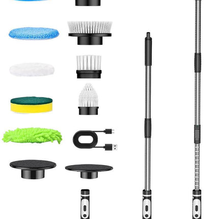 Multi-Functional Electric Spin Scrubber with Voice Broadcast, 9 Heads, Adjustable Extension Handle & LED Display(Black and White).
