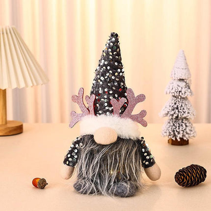 Light-Up Christmas Gnome Plush Doll with Sequin Hat & Antlers - Festive LED Tabletop Decoration(silver).