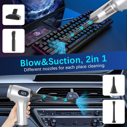 2-in-1 Cordless Handheld Vacuum & Air Duster - 12000Pa Suction, 70000 RPM, LED Light, USB-C Rechargeable(Silver).