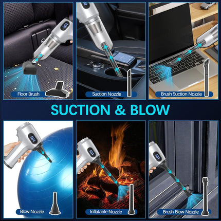 2-in-1 Cordless Handheld Vacuum & Air Duster - 12000Pa Suction, 70000 RPM, LED Light, USB-C Rechargeable(Silver).
