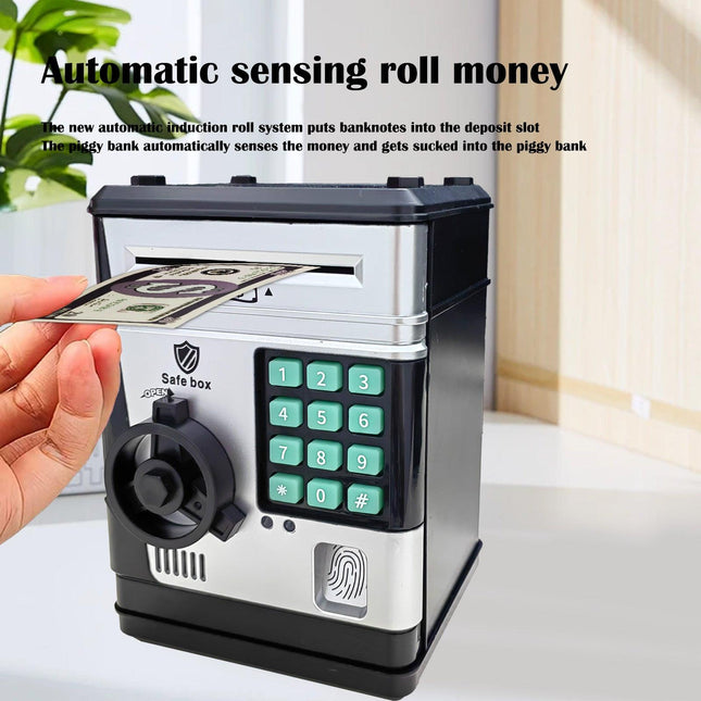 Electronic Piggy Bank Safe Box for Kids - Automatic Bill & Coin Bank with Password Protection, Music & Lights(black).
