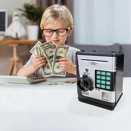Electronic Piggy Bank Safe Box for Kids - Automatic Bill & Coin Bank with Password Protection, Music & Lights(black).