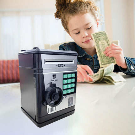 Electronic Piggy Bank Safe Box for Kids - Automatic Bill & Coin Bank with Password Protection, Music & Lights(black).
