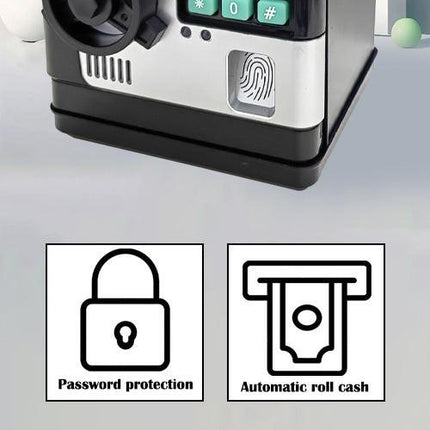 Electronic Piggy Bank Safe Box for Kids - Automatic Bill & Coin Bank with Password Protection, Music & Lights(black).