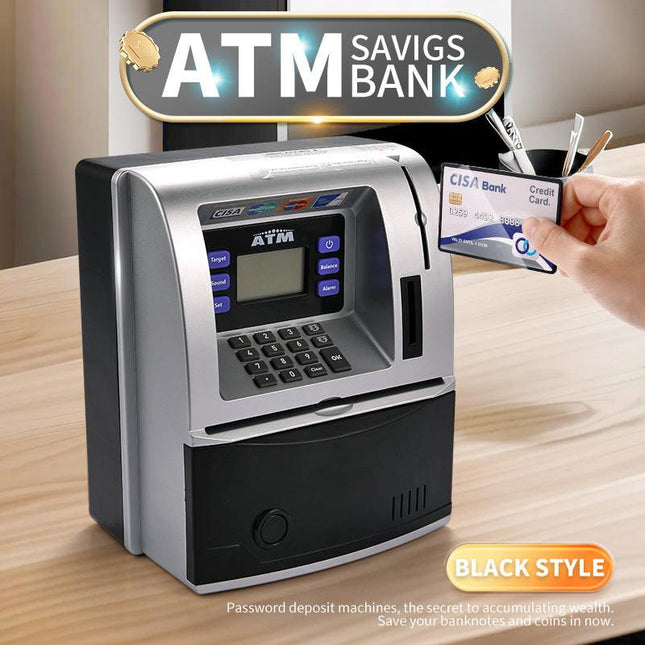 Kids Electronic ATM Savings Bank - Digital Piggy Bank with Password, Auto Roll-in Banknotes & Coin Slot for Financial Learning Fun(black).