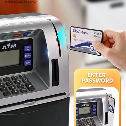 Kids Electronic ATM Savings Bank - Digital Piggy Bank with Password, Auto Roll-in Banknotes & Coin Slot for Financial Learning Fun(black).