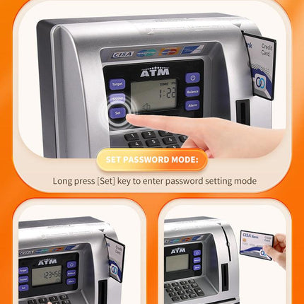 Kids Electronic ATM Savings Bank - Digital Piggy Bank with Password, Auto Roll-in Banknotes & Coin Slot for Financial Learning Fun(black).
